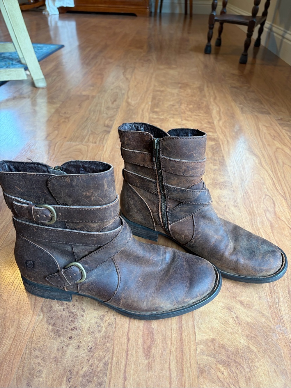 Born Women's Brown Distressed Leather Ankle Boots with Buckle Detail